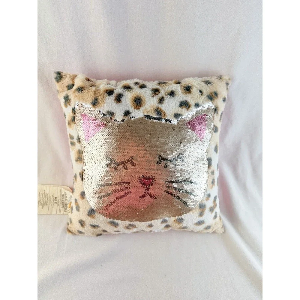 Reversible Sequin Cat Plush Pillow Stuffed Animal Leopard Print Soft Fuzzy